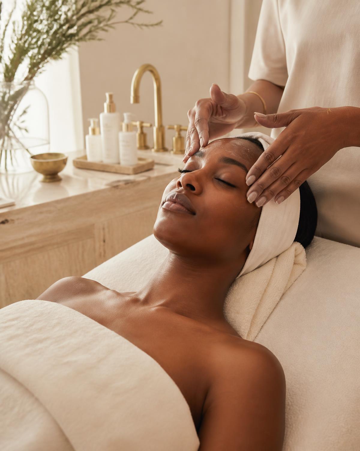 A woman receiving a professional facial treatment in a serene studio