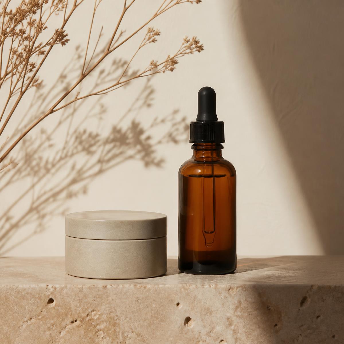 Amber serum bottle and stone cream jar on a travertine ledge